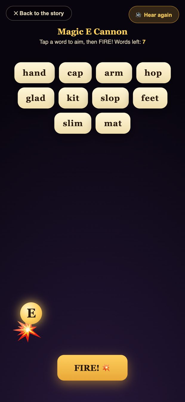 The Magic E Cannon mini-game: tap a word to aim, then fire the E at it